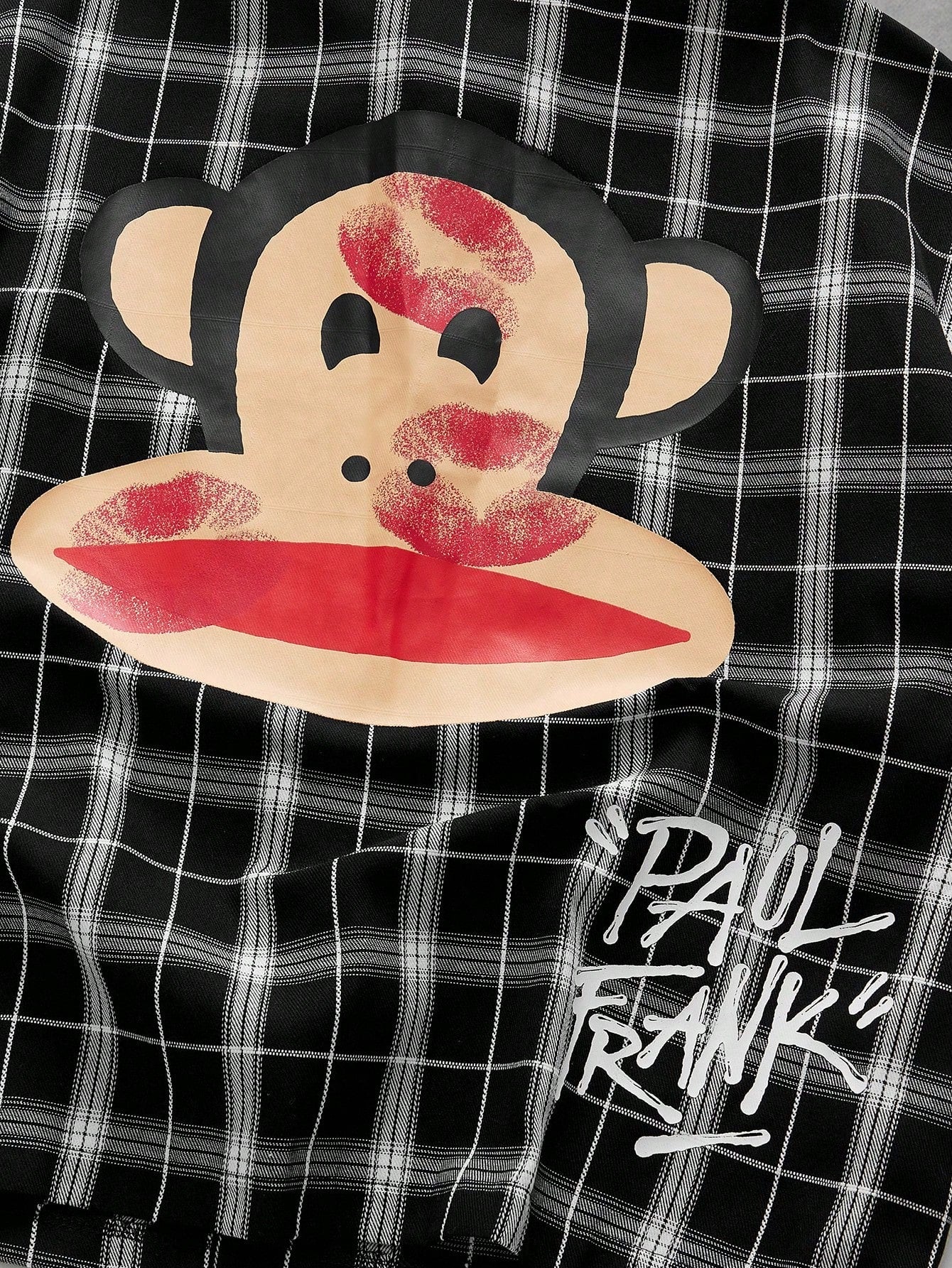 ROMWE MEN Paul Frank X ROMWE Spring/Summer Valentine 'Sday Casual Graphic White Men'S Plaid And Letter Graphic Button Front Summer Short Sleeve Shirt