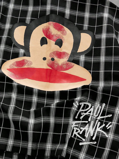ROMWE MEN Paul Frank X ROMWE Spring/Summer Valentine 'Sday Casual Graphic White Men'S Plaid And Letter Graphic Button Front Summer Short Sleeve Shirt