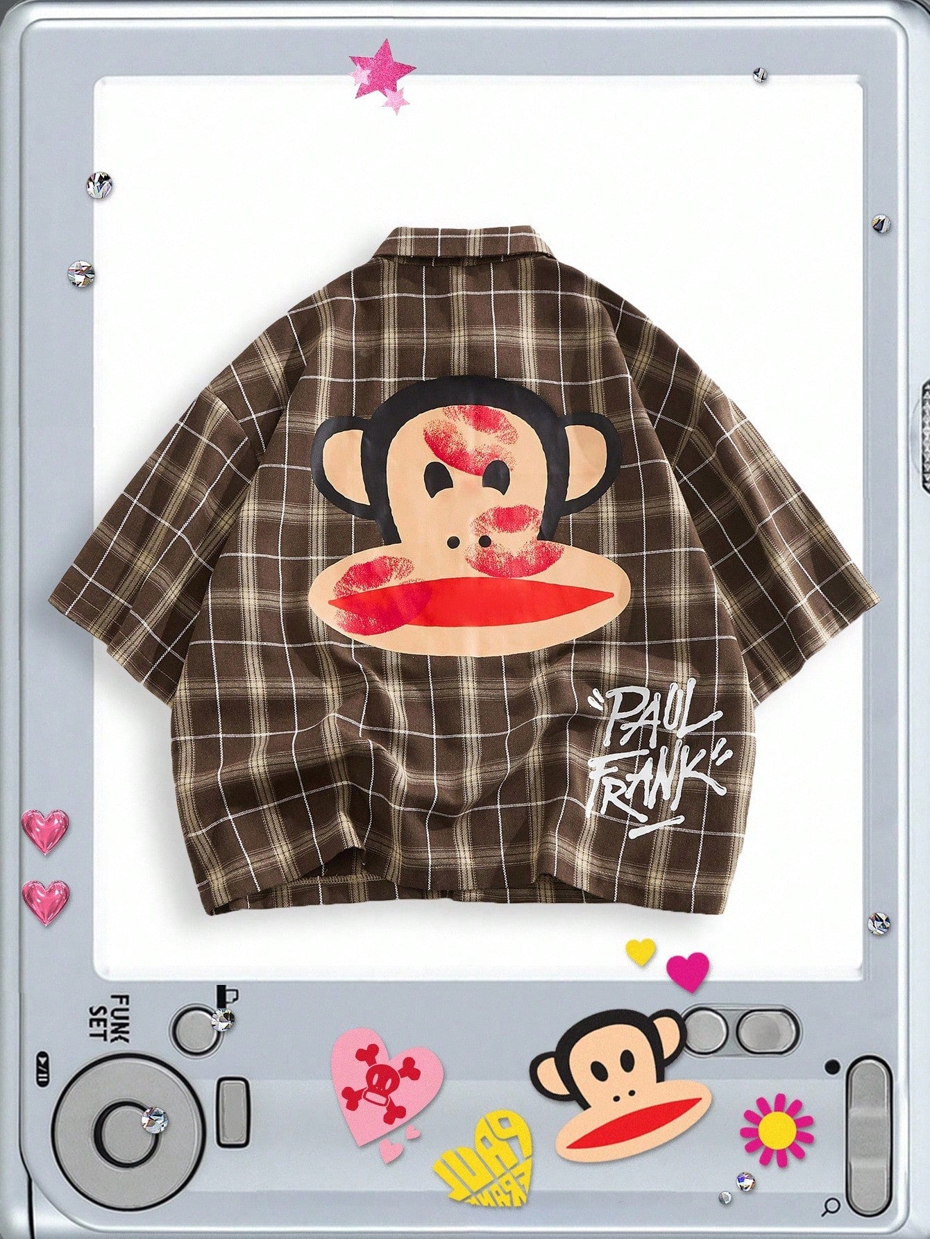 ROMWE MEN Paul Frank X ROMWE Spring/Summer Valentine 'Sday Casual Graphic White Men'S Plaid And Letter Graphic Button Front Summer Short Sleeve Shirt