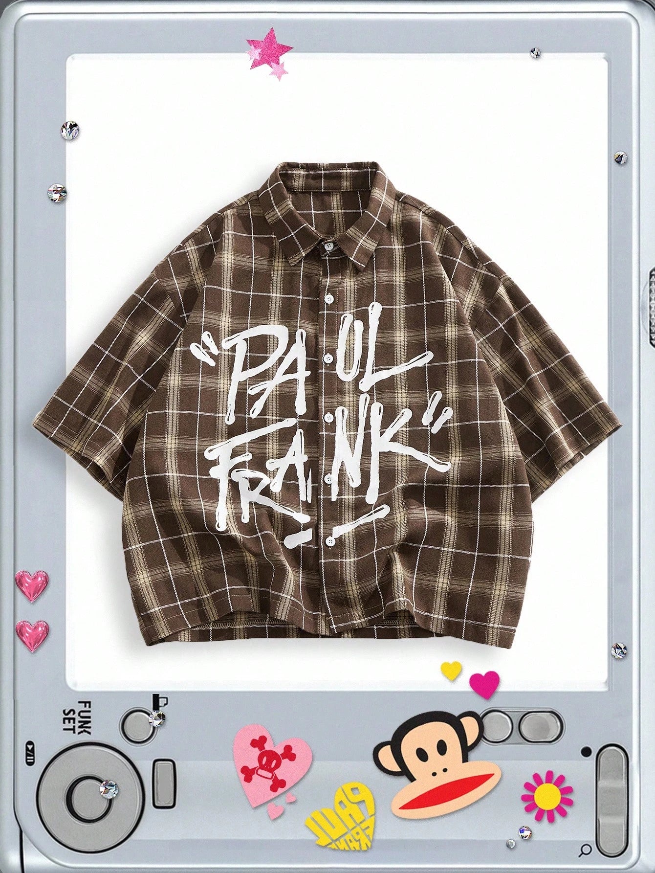 ROMWE MEN Paul Frank X ROMWE Spring/Summer Valentine 'Sday Casual Graphic White Men'S Plaid And Letter Graphic Button Front Summer Short Sleeve Shirt