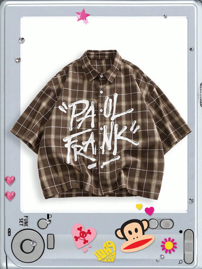 ROMWE MEN Paul Frank X ROMWE Spring/Summer Valentine 'Sday Casual Graphic White Men'S Plaid And Letter Graphic Button Front Summer Short Sleeve Shirt