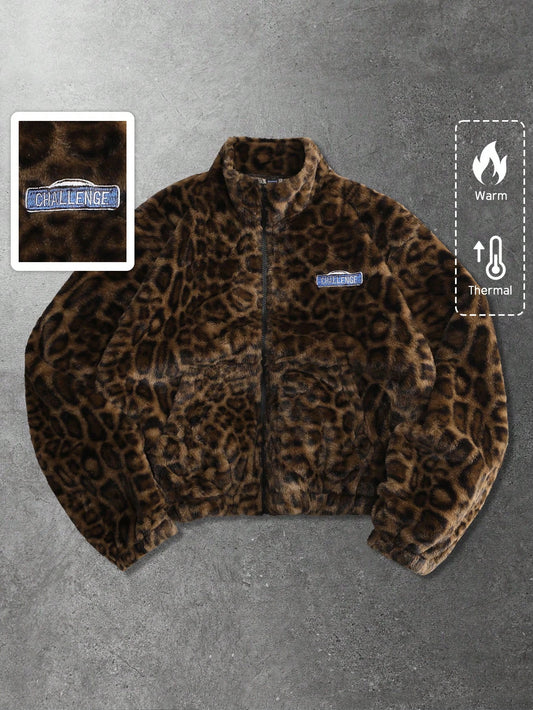 ROMWE MEN Street Life Spring Casual Leopard Unisex Leopard Textured Street Style Jacket, Casual Autumn/Winter