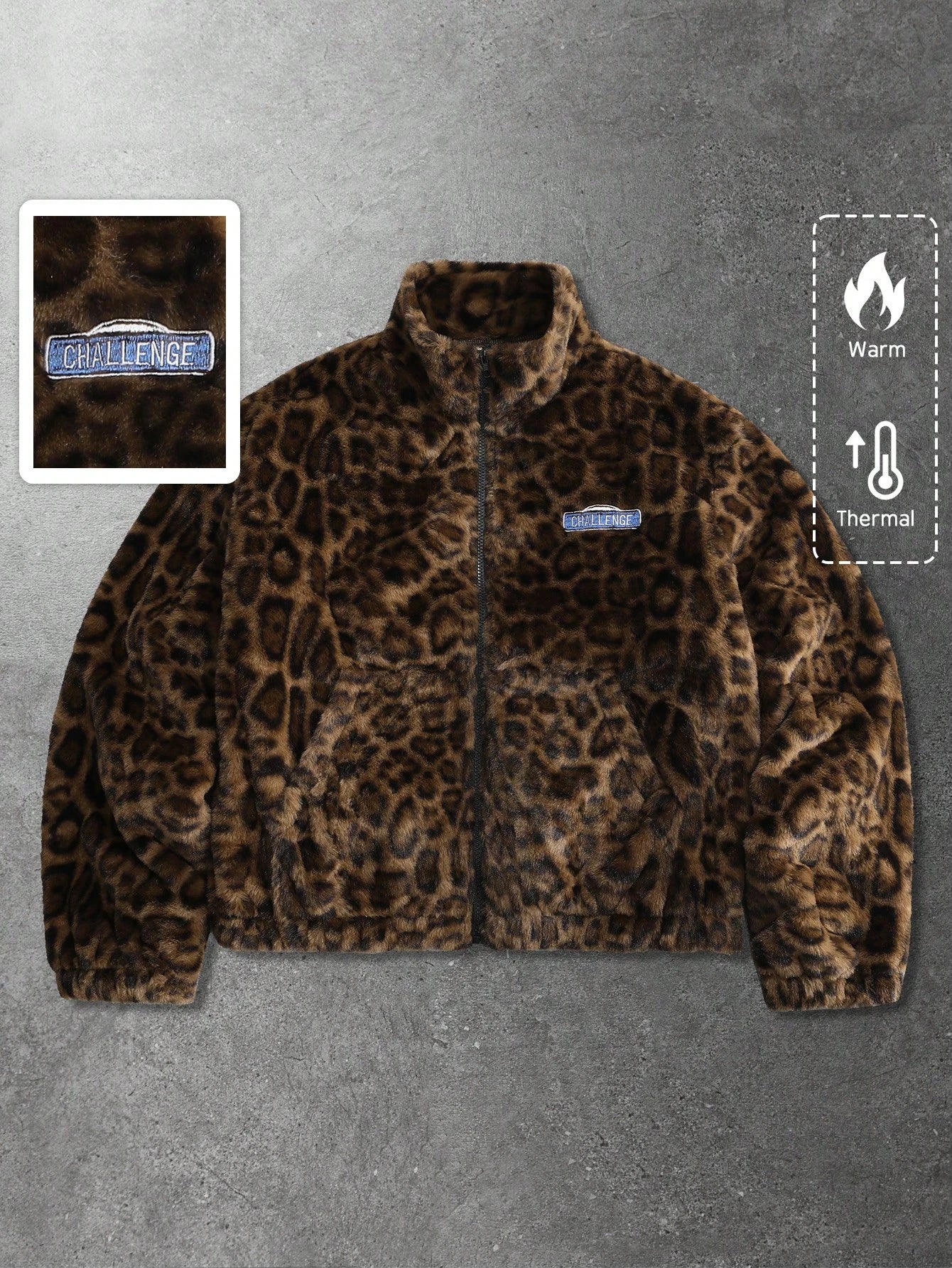 ROMWE MEN Street Life Spring Casual Leopard Unisex Leopard Textured Street Style Jacket, Casual Autumn/Winter