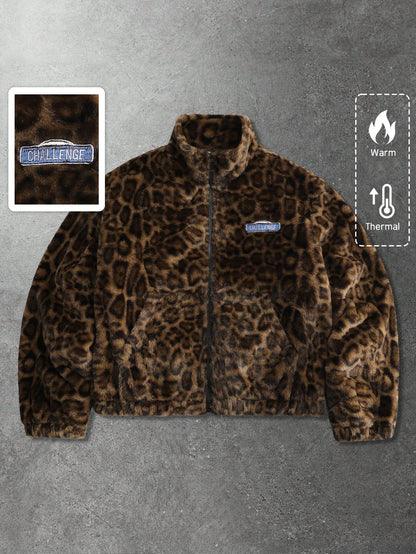 ROMWE MEN Street Life Spring Casual Leopard Unisex Leopard Textured Street Style Jacket, Casual Autumn/Winter