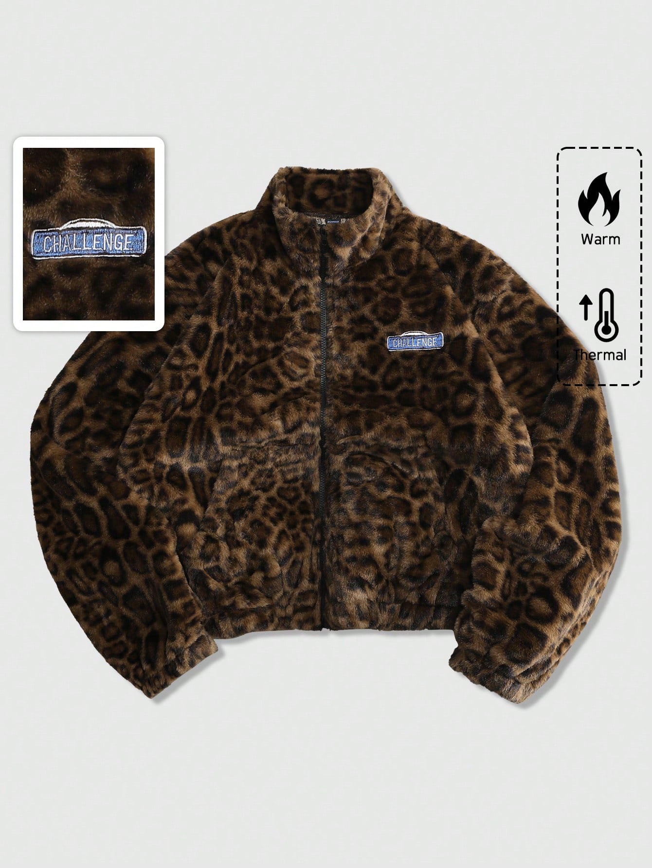 ROMWE MEN Street Life Spring Casual Leopard Unisex Leopard Textured Street Style Jacket, Casual Autumn/Winter
