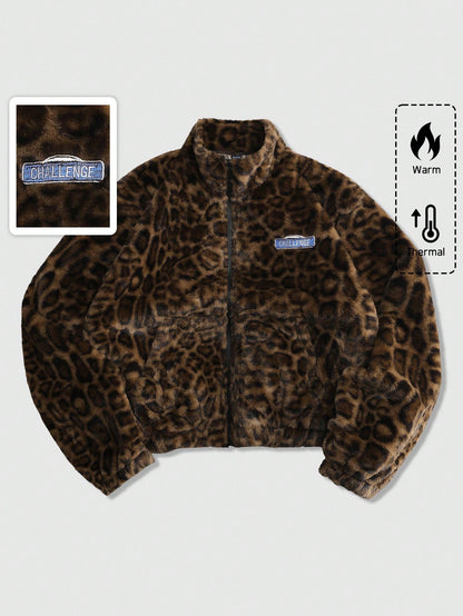 ROMWE MEN Street Life Spring Casual Leopard Unisex Leopard Textured Street Style Jacket, Casual Autumn/Winter