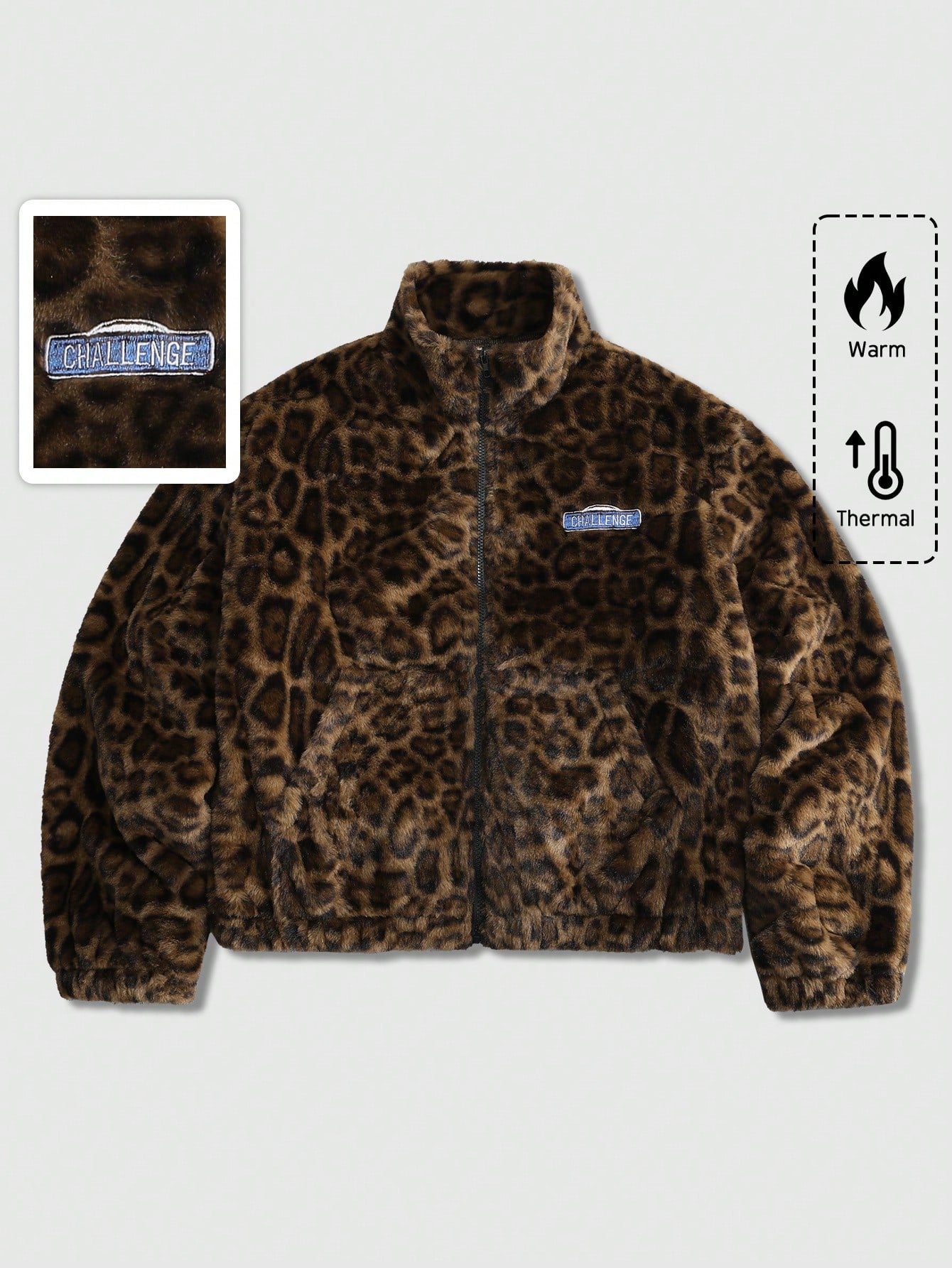 ROMWE MEN Street Life Spring Casual Leopard Unisex Leopard Textured Street Style Jacket, Casual Autumn/Winter