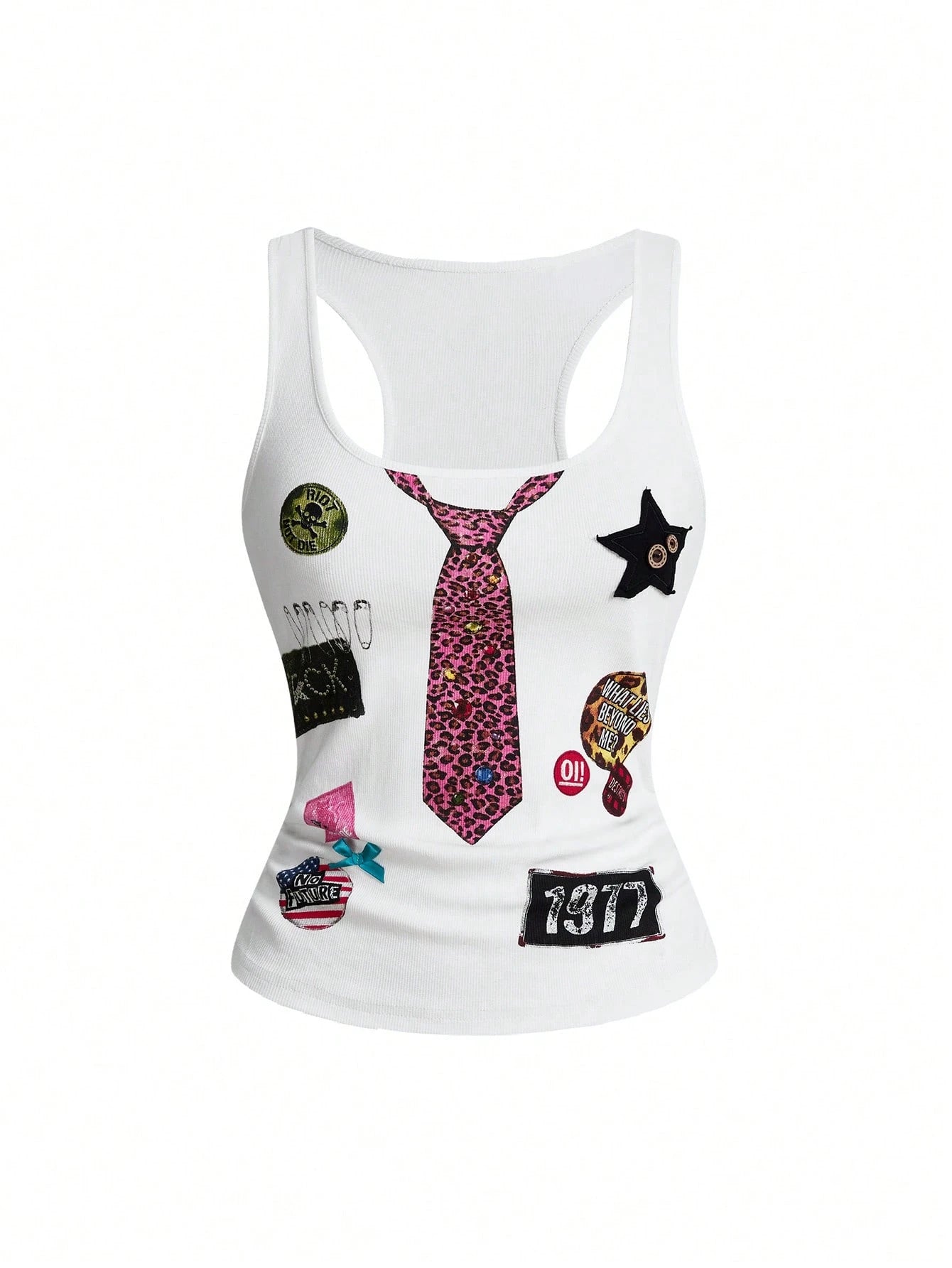 ROMWE Street Life Summer Outfits Music Festival Punk Badge Patchwork Print Button Bow Tie Camisole