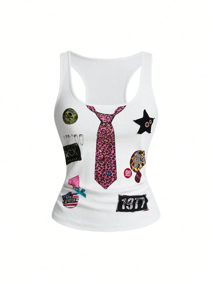 ROMWE Street Life Summer Outfits Music Festival Punk Badge Patchwork Print Button Bow Tie Camisole