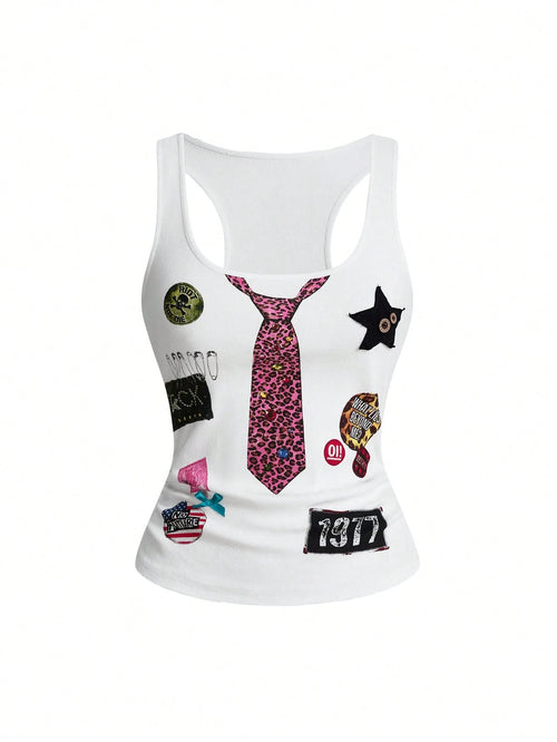ROMWE Street Life Summer Outfits Music Festival Punk Badge Patchwork Print Button Bow Tie Camisole