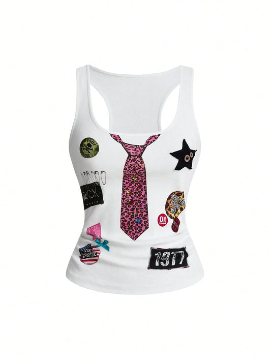 ROMWE Street Life Summer Outfits Music Festival Punk Badge Patchwork Print Button Bow Tie Camisole
