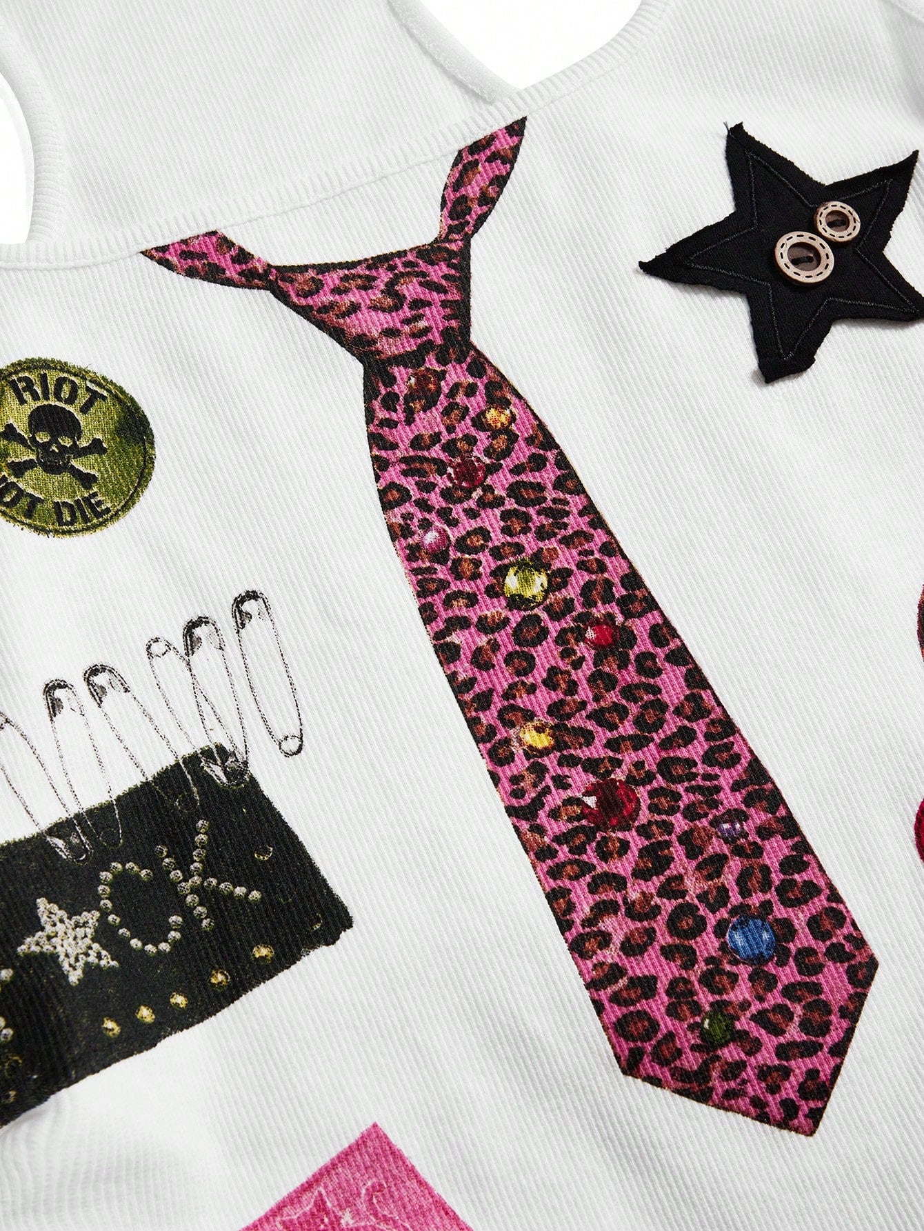 ROMWE Street Life Summer Outfits Music Festival Punk Badge Patchwork Print Button Bow Tie Camisole