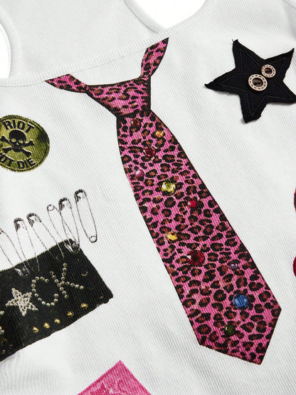 ROMWE Street Life Summer Outfits Music Festival Punk Badge Patchwork Print Button Bow Tie Camisole
