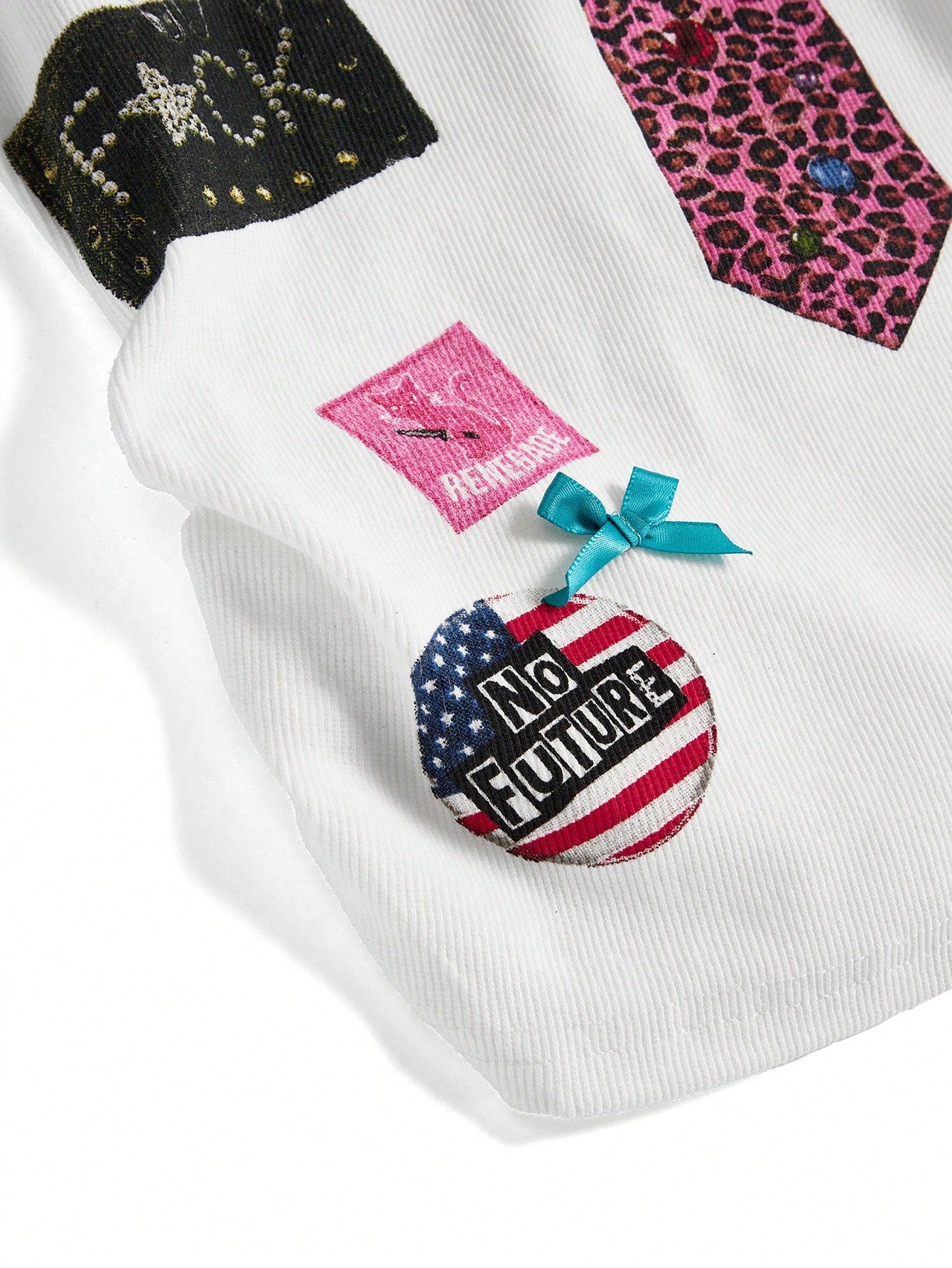 ROMWE Street Life Summer Outfits Music Festival Punk Badge Patchwork Print Button Bow Tie Camisole