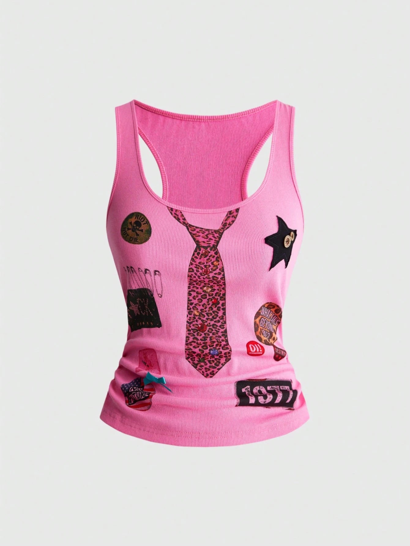 ROMWE Street Life Summer Outfits Music Festival Punk Badge Patchwork Print Button Bow Tie Camisole