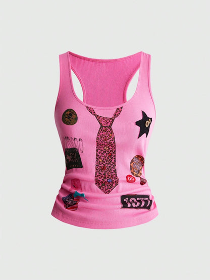 ROMWE Street Life Summer Outfits Music Festival Punk Badge Patchwork Print Button Bow Tie Camisole