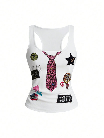 ROMWE Street Life Summer Outfits Music Festival Punk Badge Patchwork Print Button Bow Tie Camisole