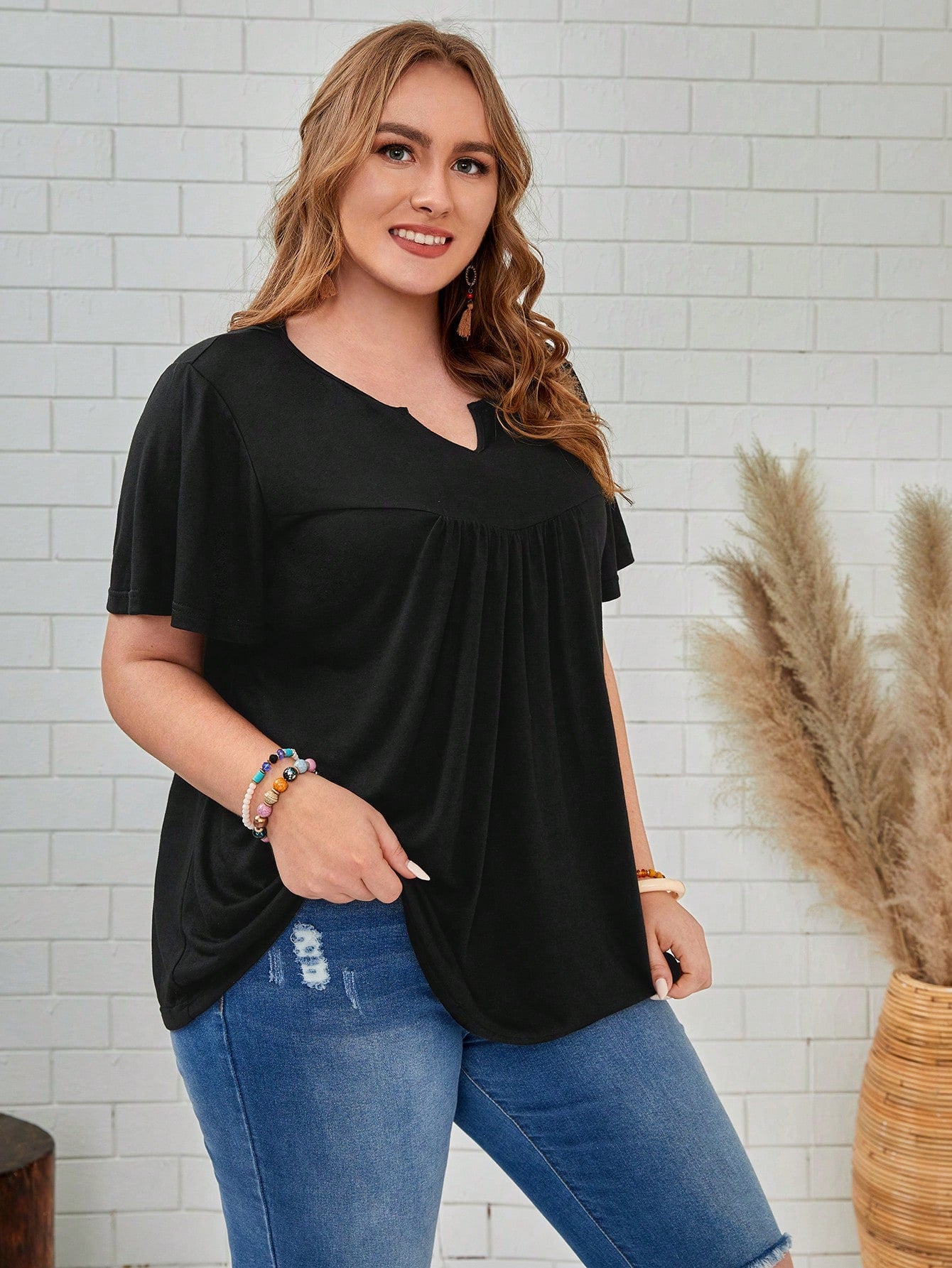 Rosumi Plus Solid Notched Neck Tee,Spring/Summer/Vacation