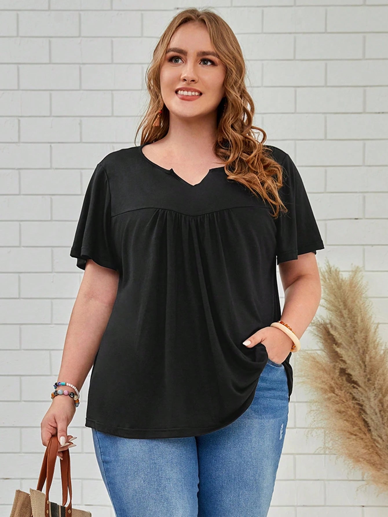Rosumi Plus Solid Notched Neck Tee,Spring/Summer/Vacation