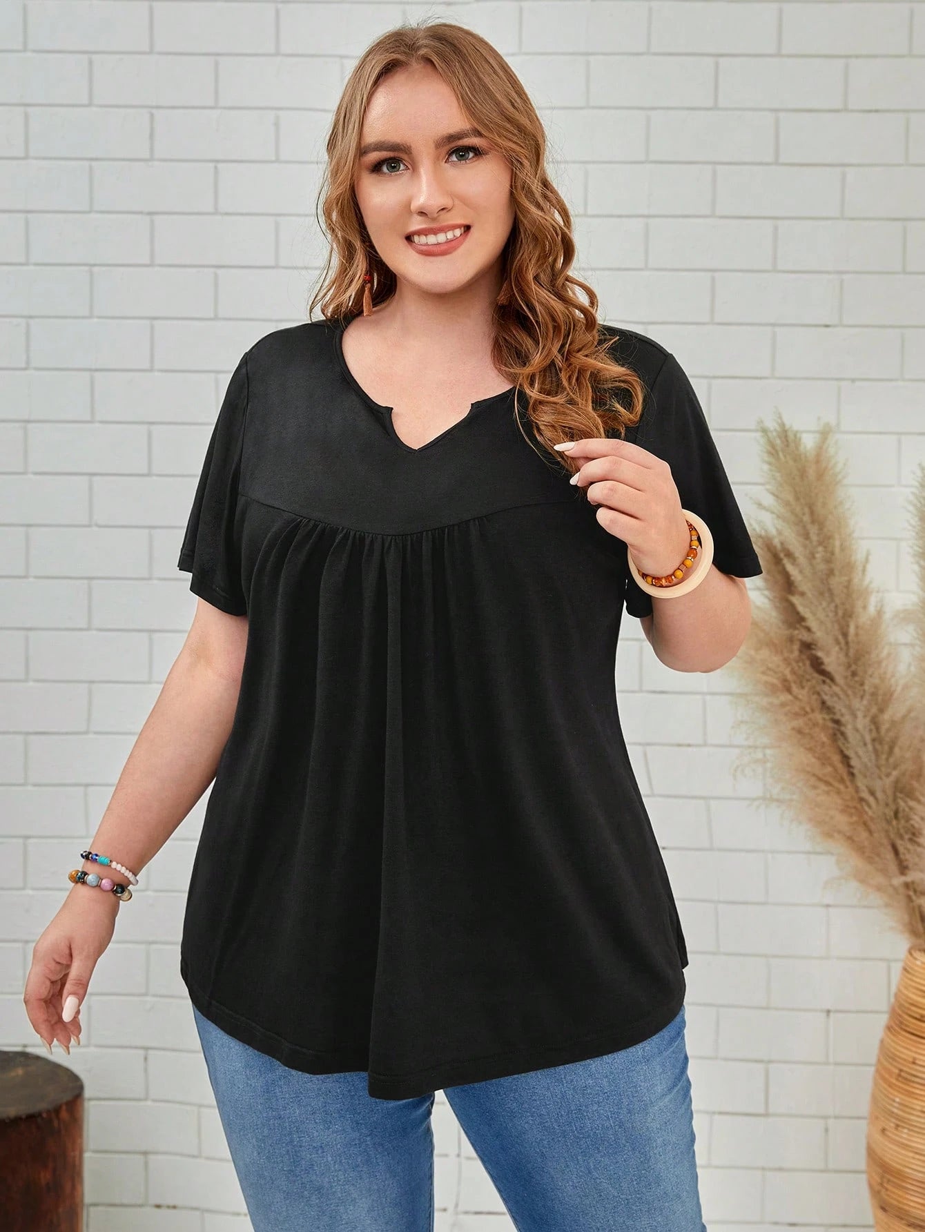 Rosumi Plus Solid Notched Neck Tee,Spring/Summer/Vacation