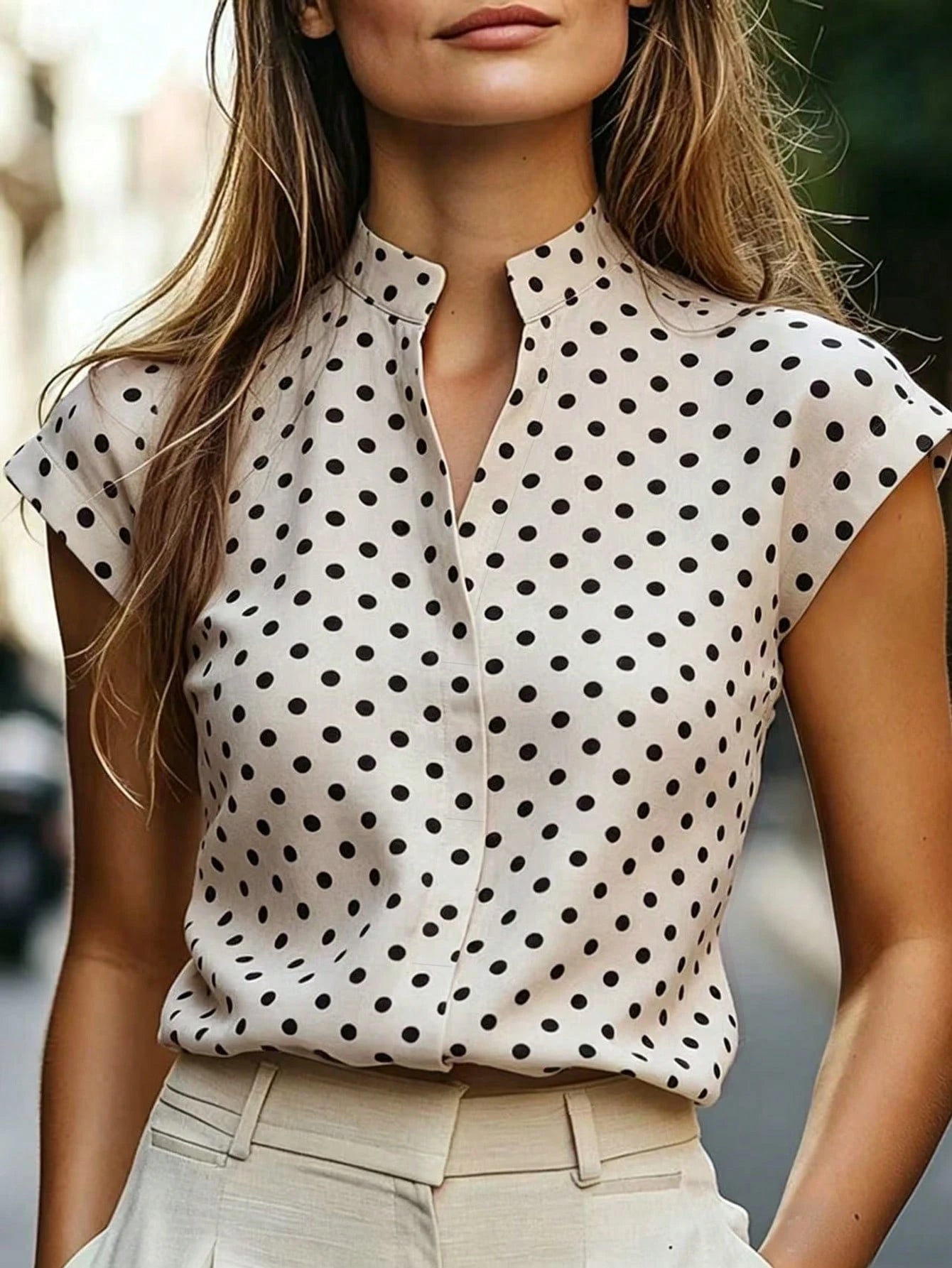RosyDaze Women's Polka Dot Print Cap Sleeve V-Neck Casual Blouse