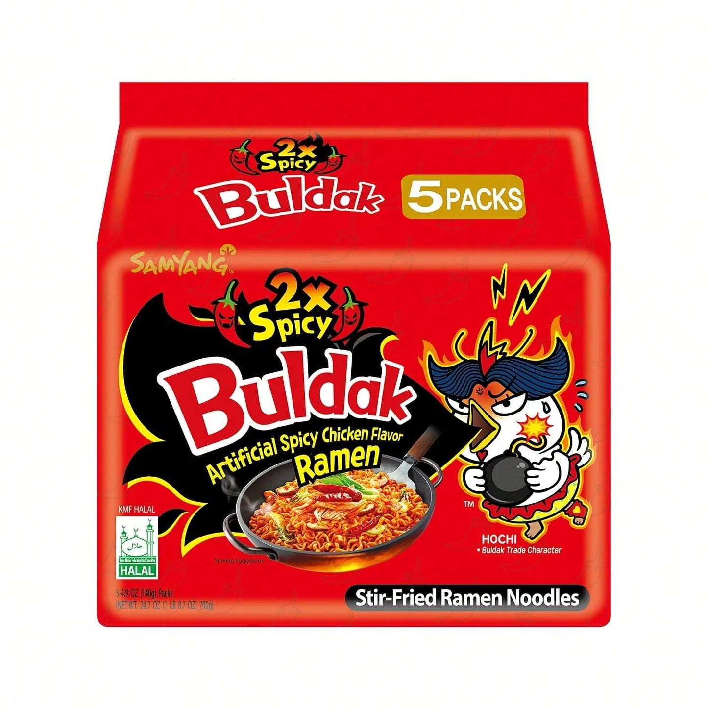 Samyang Buldak Hot Chicken Ramen, Korean Stir-Fried Instant Noodle, 2X Spicy, 4.94 OZ(140g), Pack Of 5