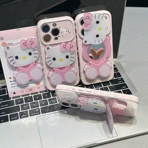 [Sanrio Brand] New Hot Selling, Soft Silicone Phone Case, 1pc Pink Ins Style Girly Bow Kitty Cat Sitting Pose, Mirror, Kickstand, Hello Kitty Star, Sanrio Character Silicone Waterproof Shockproof Phon