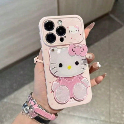 [Sanrio Brand] New Hot Selling, Soft Silicone Phone Case, 1pc Pink Ins Style Girly Bow Kitty Cat Sitting Pose, Mirror, Kickstand, Hello Kitty Star, Sanrio Character Silicone Waterproof Shockproof Phon