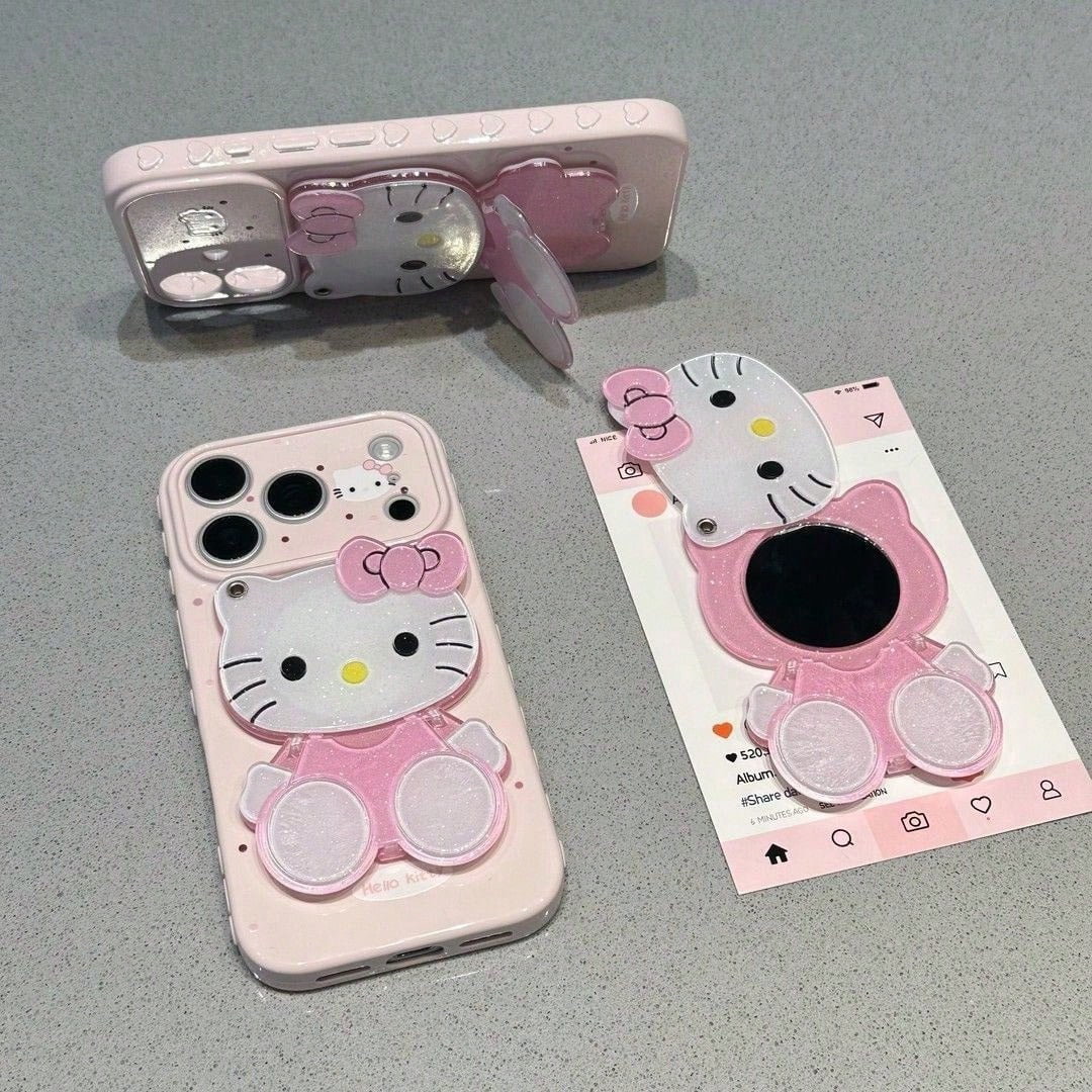 [Sanrio Brand] New Hot Selling, Soft Silicone Phone Case, 1pc Pink Ins Style Girly Bow Kitty Cat Sitting Pose, Mirror, Kickstand, Hello Kitty Star, Sanrio Character Silicone Waterproof Shockproof Phon
