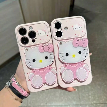 [Sanrio Brand] New Hot Selling, Soft Silicone Phone Case, 1pc Pink Ins Style Girly Bow Kitty Cat Sitting Pose, Mirror, Kickstand, Hello Kitty Star, Sanrio Character Silicone Waterproof Shockproof Phon
