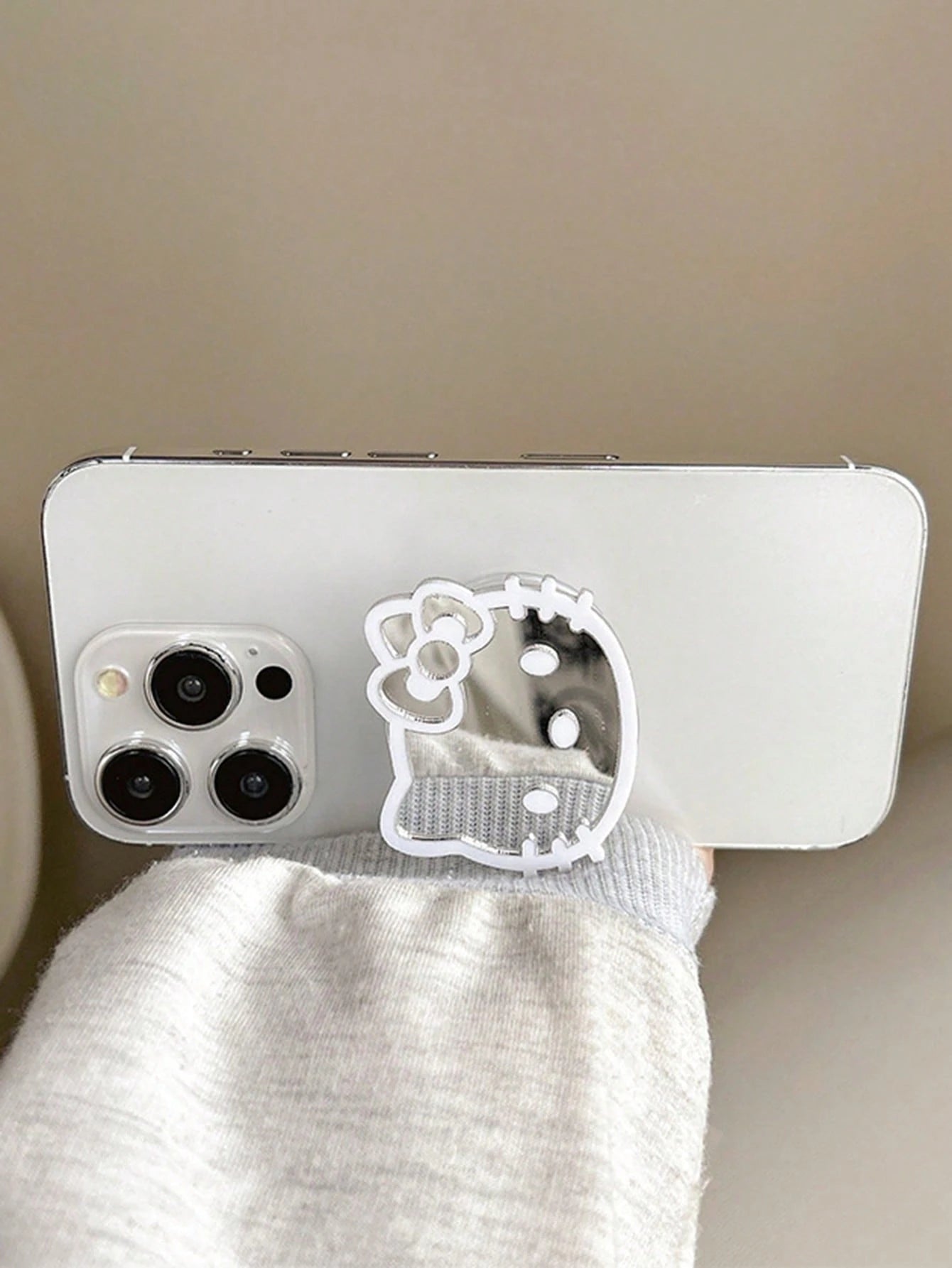 Sanrio Hello Kitty Cartoon Cat Phone Stand Mirror Sticker Adhesive Mirror Bow Tie Cat INS Style Retractable Phone Holder
