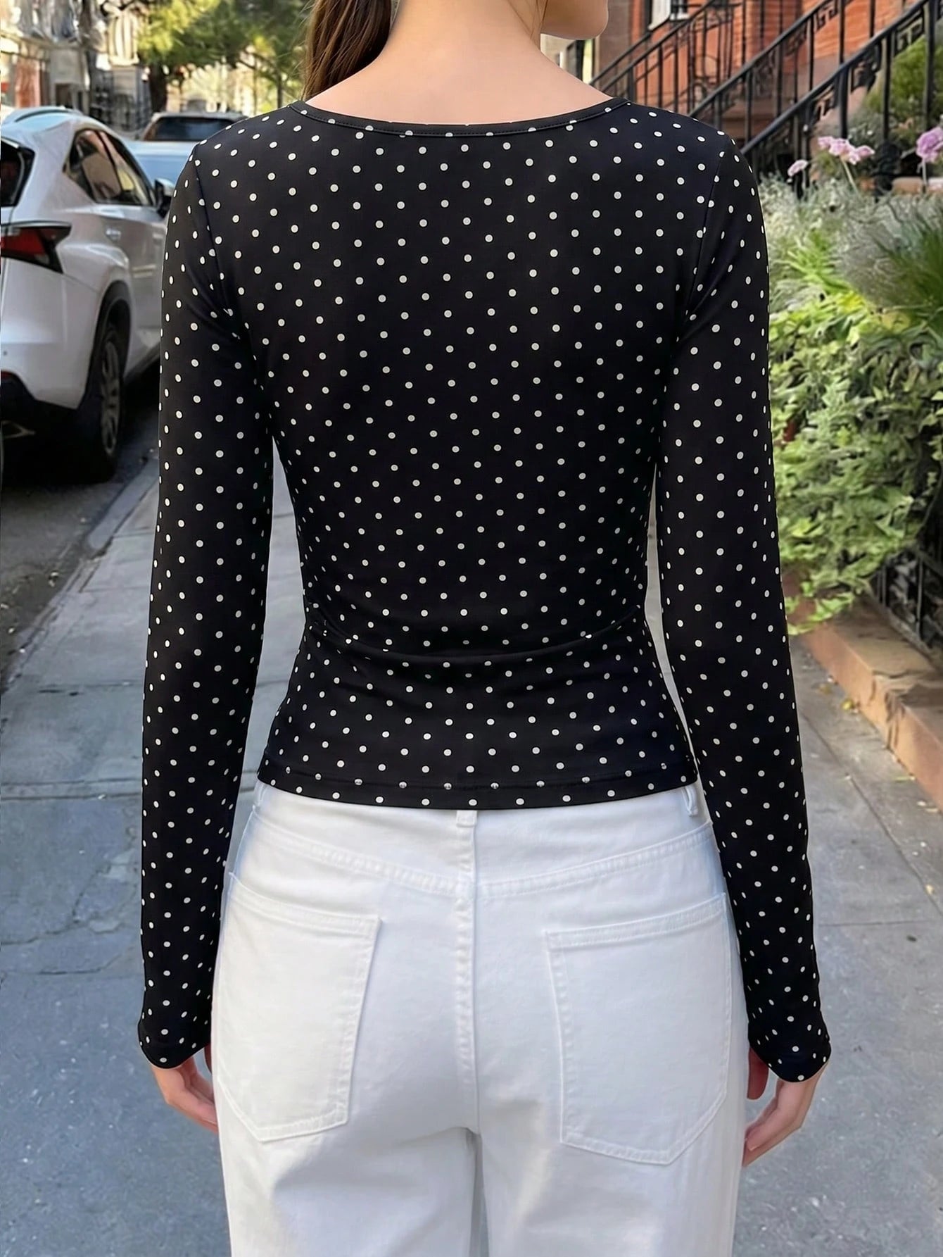 SCARLUX Autumn Y2K Black Polka Dot Square Neck Slim Fit Long Sleeve T-Shirt, Basic Style, Suitable For Back To School, Business And Casual Wear
