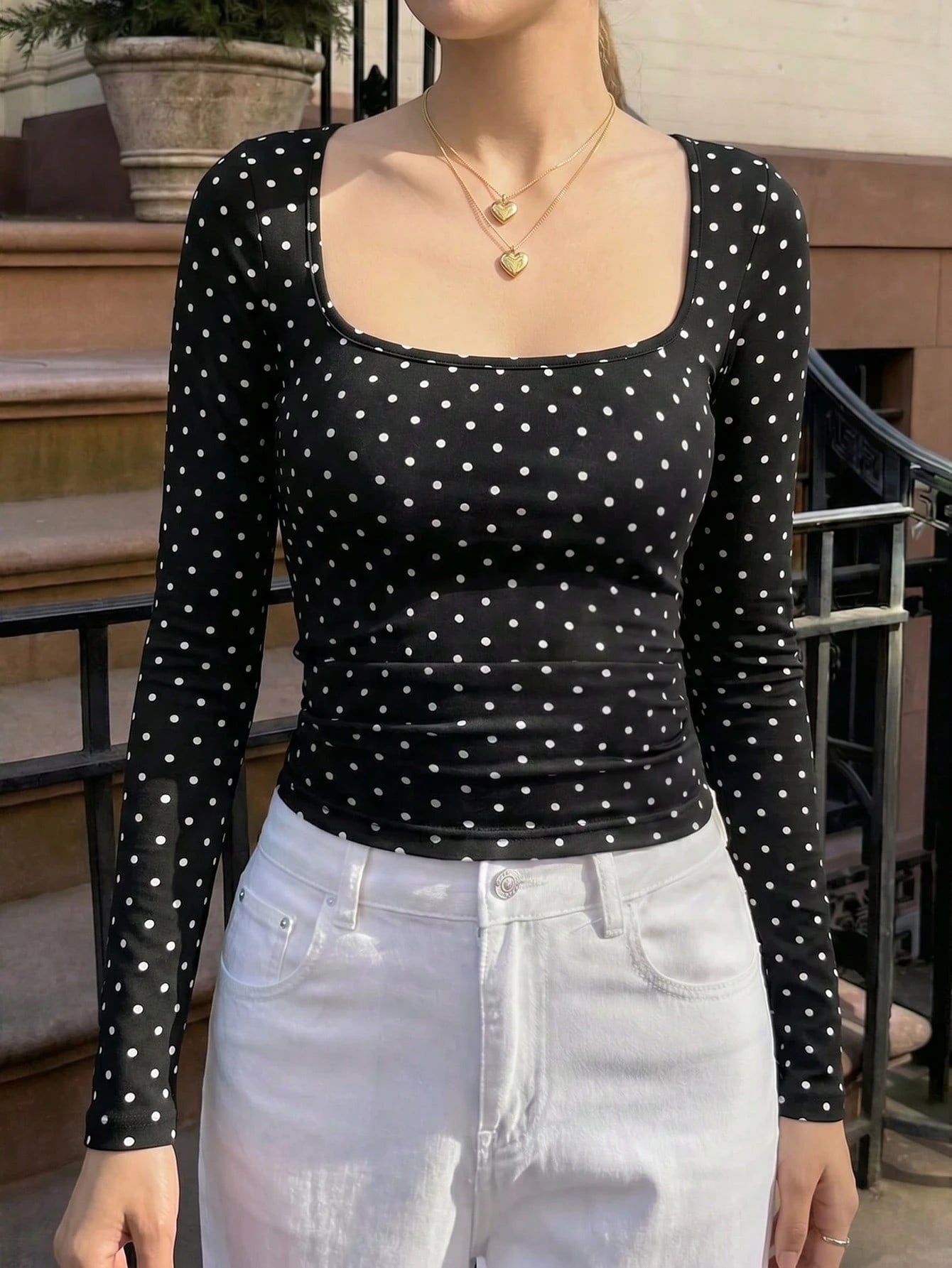 SCARLUX Autumn Y2K Black Polka Dot Square Neck Slim Fit Long Sleeve T-Shirt, Basic Style, Suitable For Back To School, Business And Casual Wear