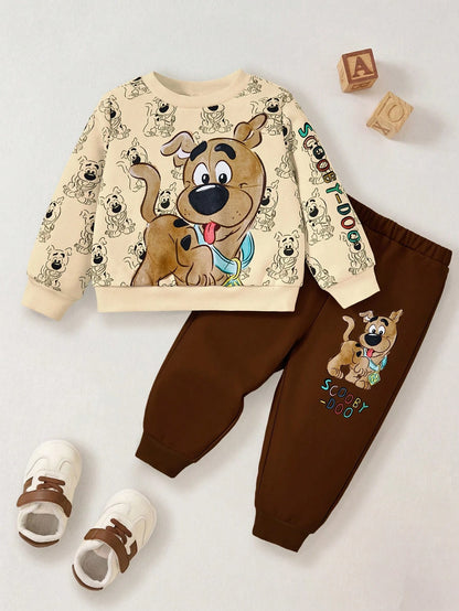 SCOOBY-DOO X Baby Boy Cartoon Puppy & Letter Print Casual Long Sleeve Sweatshirt And Brown Sweatpants Sports Outfit Baby Set Autumn Winter Season Mocha Baby Clothes Baby Boy Clothes Brown Baby B