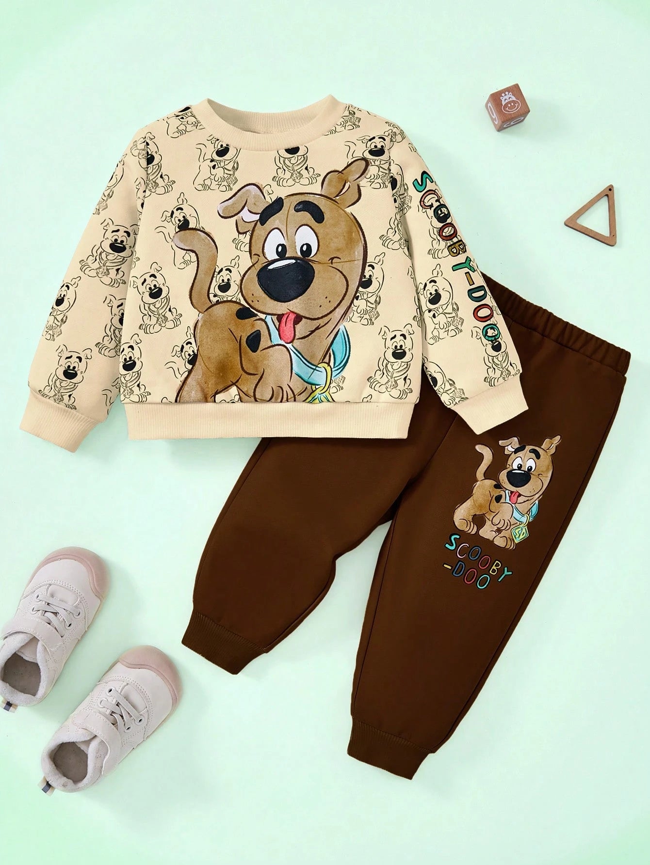 SCOOBY-DOO X Baby Boy Cartoon Puppy & Letter Print Casual Long Sleeve Sweatshirt And Brown Sweatpants Sports Outfit Baby Set Autumn Winter Season Mocha Baby Clothes Baby Boy Clothes Brown Baby B