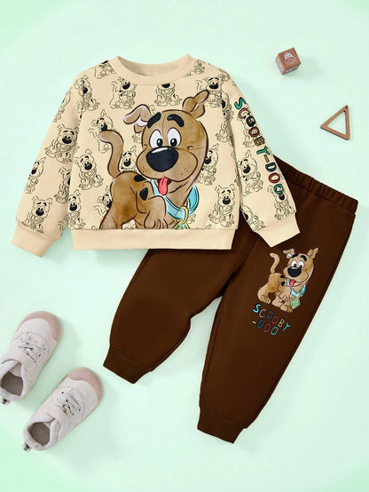 SCOOBY-DOO X Baby Boy Cartoon Puppy & Letter Print Casual Long Sleeve Sweatshirt And Brown Sweatpants Sports Outfit Baby Set Autumn Winter Season Mocha Baby Clothes Baby Boy Clothes Brown Baby B