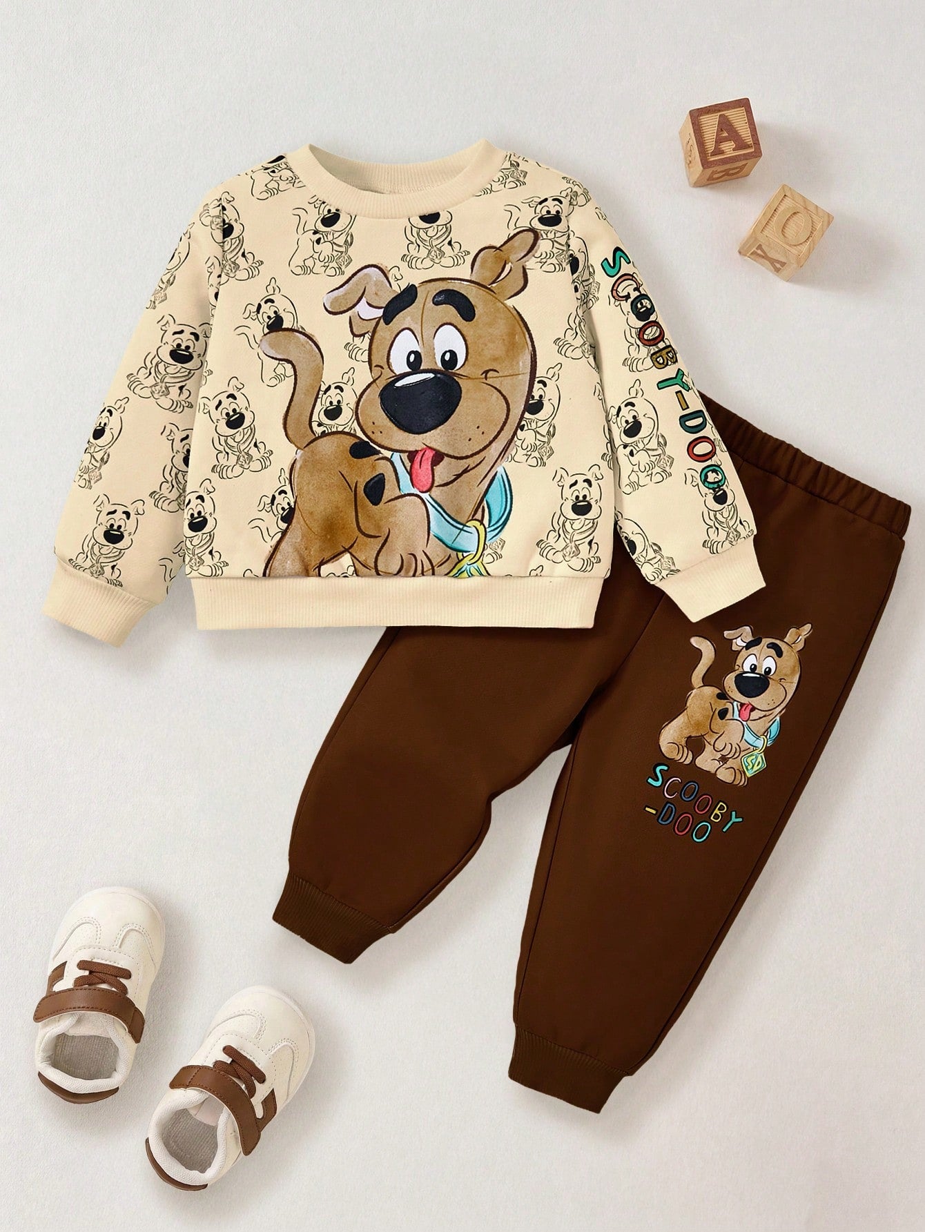 SCOOBY-DOO X Baby Boy Cartoon Puppy & Letter Print Casual Long Sleeve Sweatshirt And Brown Sweatpants Sports Outfit Baby Set Autumn Winter Season Mocha Baby Clothes Baby Boy Clothes Brown Baby B