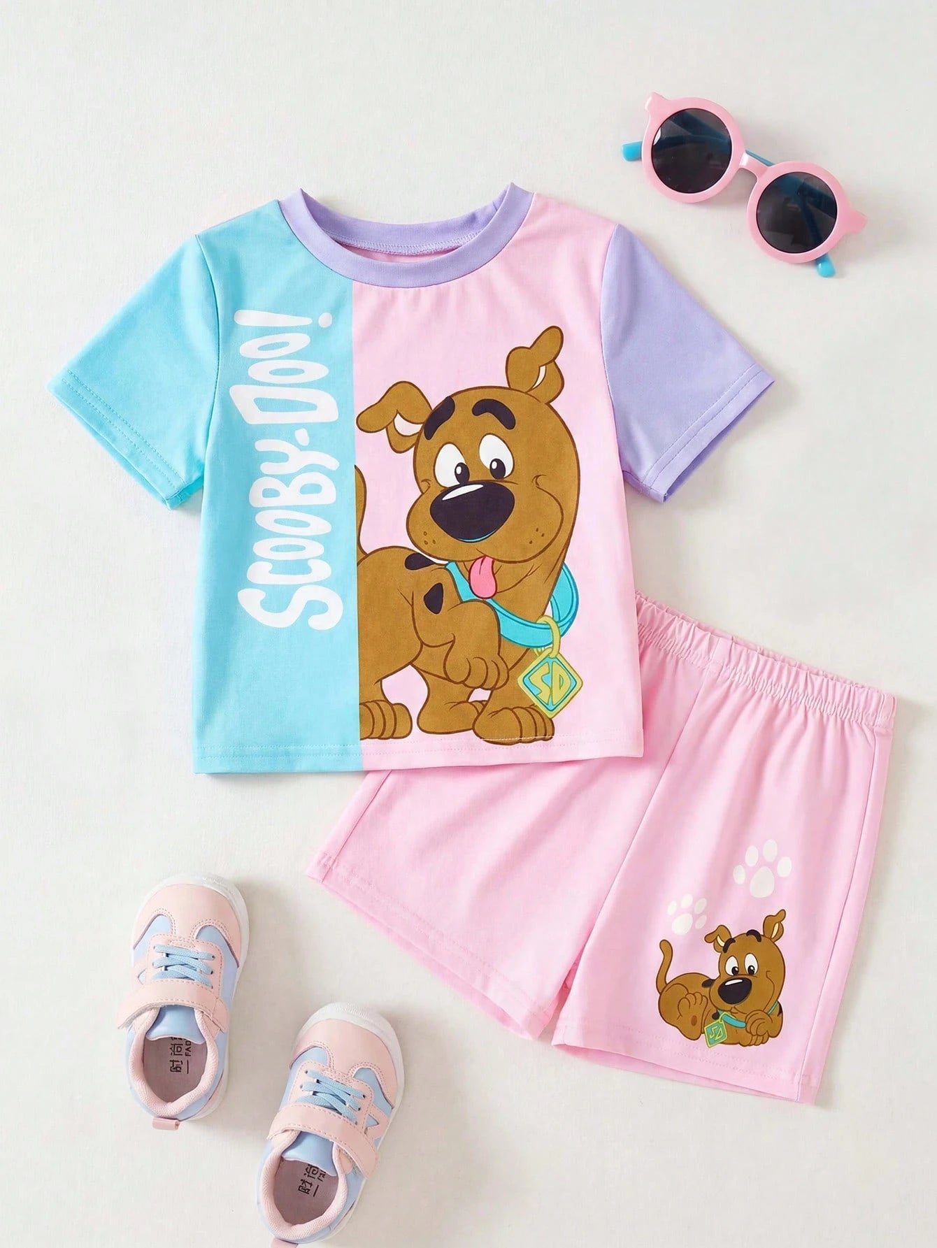 SCOOBY-DOO X Baby Girl Cartoon Pattern Pink & Purple Cute Sweet Short Sleeve T-Shirt & Shorts Set