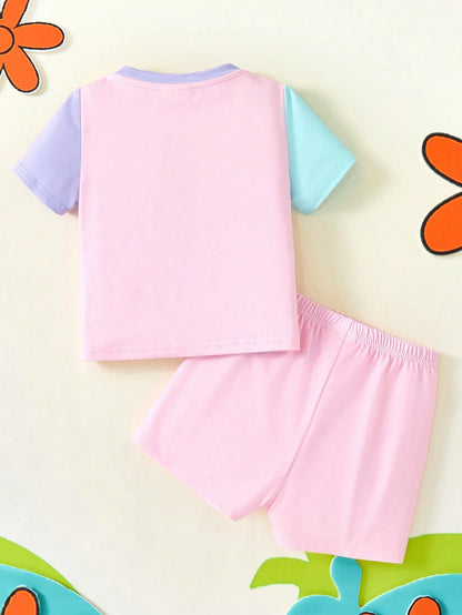 SCOOBY-DOO X Baby Girl Cartoon Pattern Pink & Purple Cute Sweet Short Sleeve T-Shirt & Shorts Set