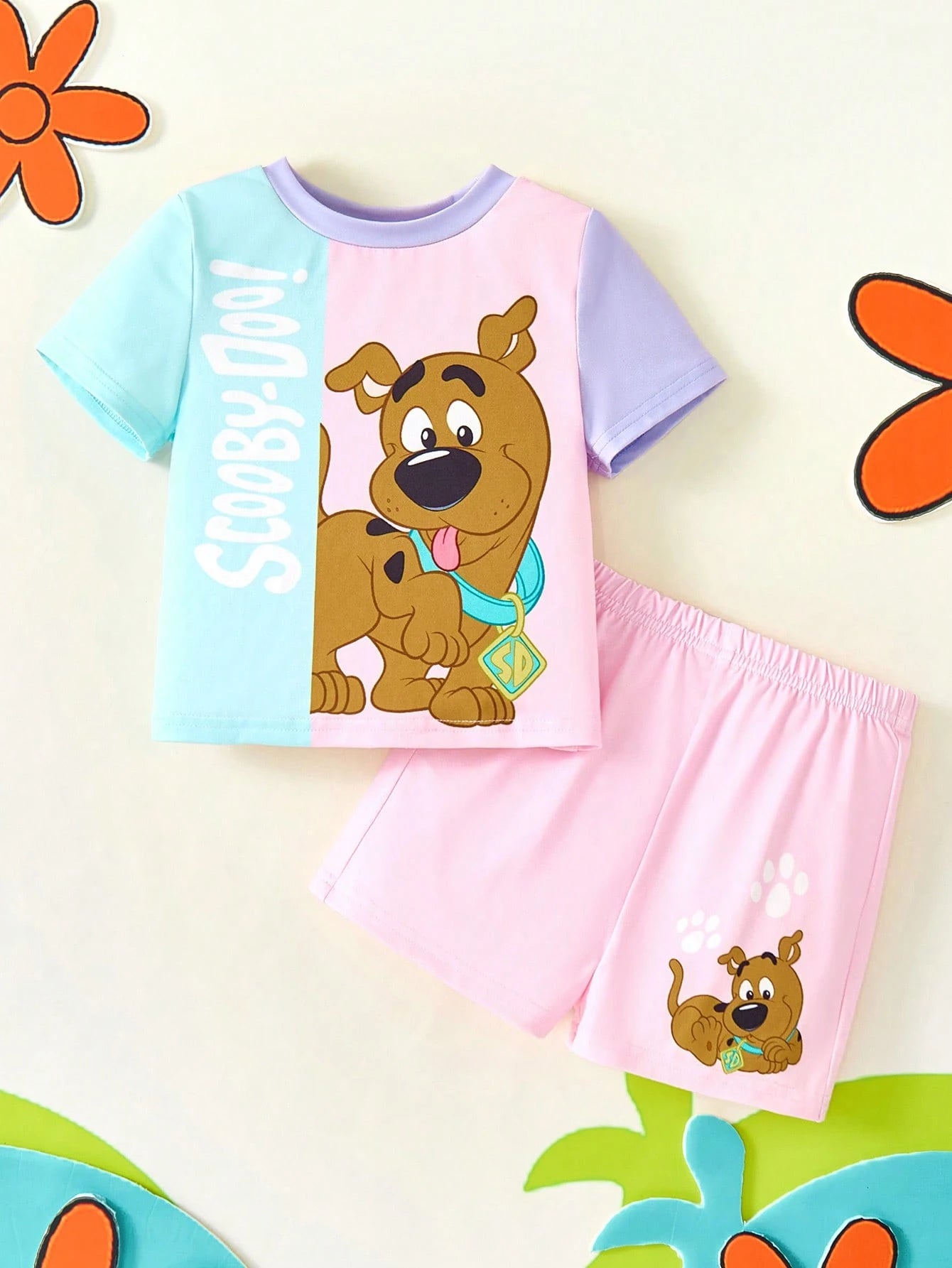 SCOOBY-DOO X Baby Girl Cartoon Pattern Pink & Purple Cute Sweet Short Sleeve T-Shirt & Shorts Set