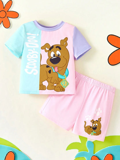 SCOOBY-DOO X Baby Girl Cartoon Pattern Pink & Purple Cute Sweet Short Sleeve T-Shirt & Shorts Set