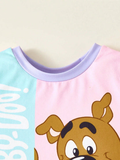 SCOOBY-DOO X Baby Girl Cartoon Pattern Pink & Purple Cute Sweet Short Sleeve T-Shirt & Shorts Set