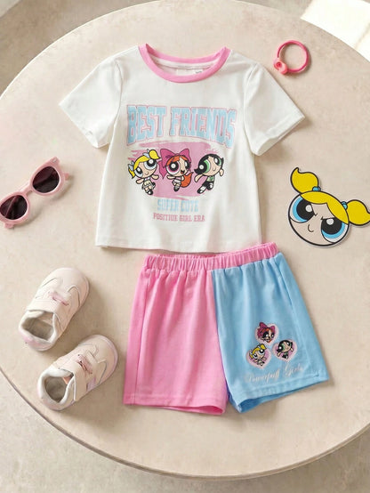 SCOOBY-DOO X Baby Girl Cartoon Pattern Pink & Purple Cute Sweet Short Sleeve T-Shirt & Shorts Set