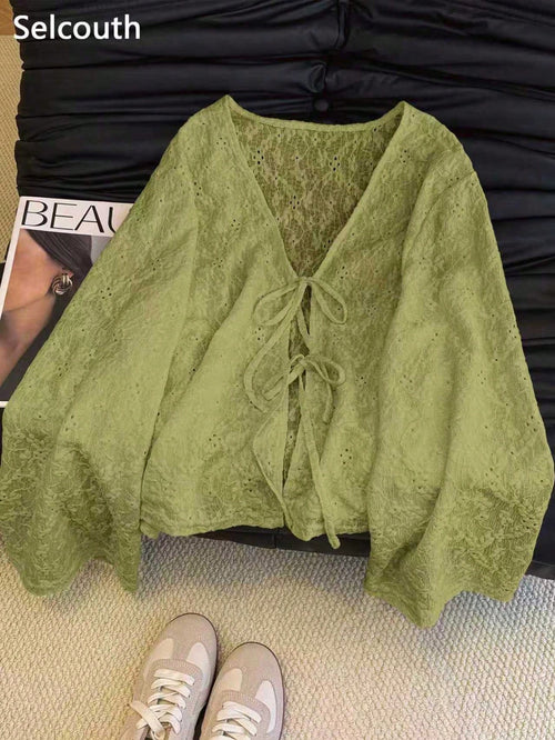 Selcouth Plus Size Women Solid Color Casual V-Neck Long Sleeve Tie Front Shirt, Floral Jacquard Textured Long Sleeve Fitted Top, Fall Outerwear Tops For Women Spring