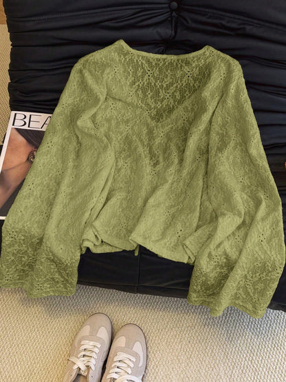 Selcouth Plus Size Women Solid Color Casual V-Neck Long Sleeve Tie Front Shirt, Floral Jacquard Textured Long Sleeve Fitted Top, Fall Outerwear Tops For Women Spring