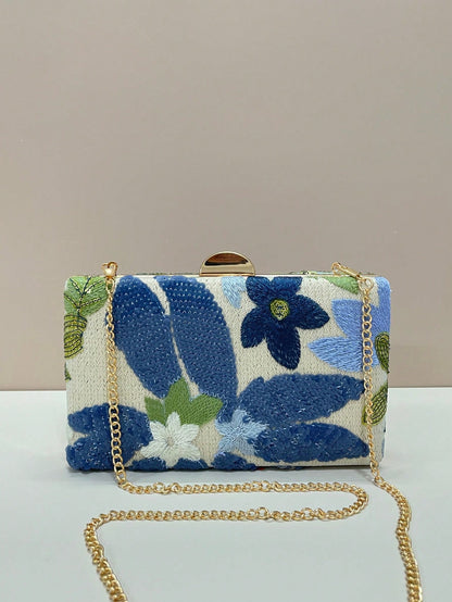 Sequined Embroidered Floral Evening Clutch Bag (Random Pattern, One-Of-A-Kind), Elegant And Exquisite Fashion Women's Handbag With Metal Chain