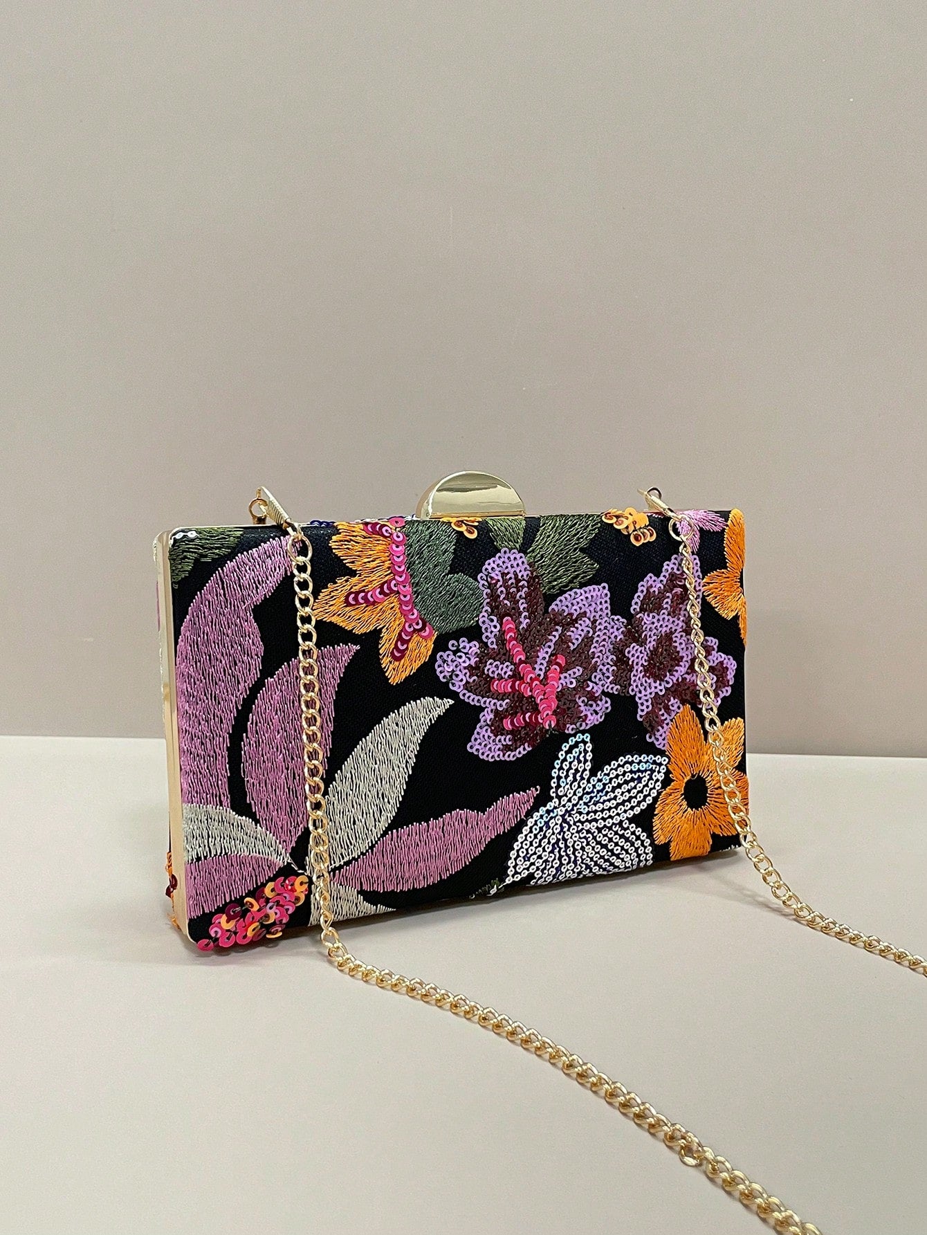 Sequined Embroidered Floral Evening Clutch Bag (Random Pattern, One-Of-A-Kind), Elegant And Exquisite Fashion Women's Handbag With Metal Chain