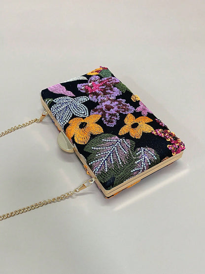 Sequined Embroidered Floral Evening Clutch Bag (Random Pattern, One-Of-A-Kind), Elegant And Exquisite Fashion Women's Handbag With Metal Chain