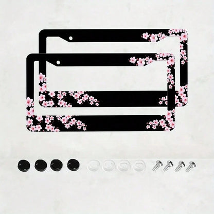 Set Of 2, Black Car License Plate Frame With Plum Blossom Design, Features Red Apricot And Peach Blossom, Front License Plate Cover, Unique License Plate Holder, Fun Car License Plate Accessories