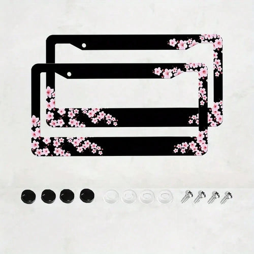 Set Of 2, Black Car License Plate Frame With Plum Blossom Design, Features Red Apricot And Peach Blossom, Front License Plate Cover, Unique License Plate Holder, Fun Car License Plate Accessories